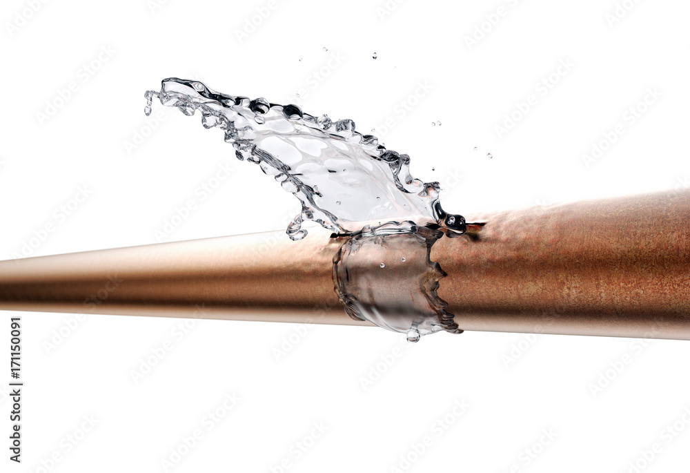 broken pipe is leaking water, isolated on white