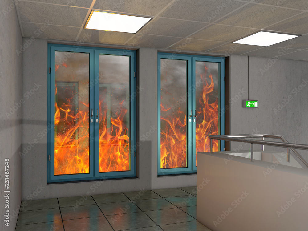 Fire resistance prevention window, 3D Illustration