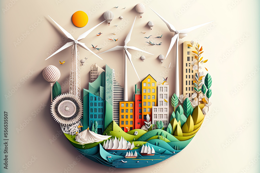 Modern eco friendly city building methods paper art style idea illustration. buildings, a construction crane, windmills, public transportation, and cityscape components. Generative AI