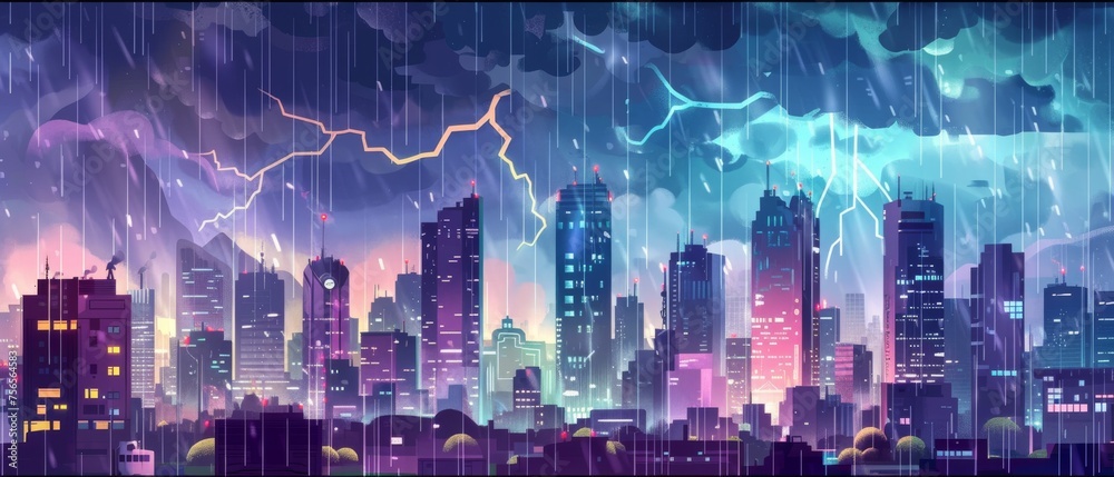 Cartoon illustration of pouring rain and lightning bolt in cloudy sky over skyscrapers, office and housing buildings with many windows, gloomy cityscape.
shield your home